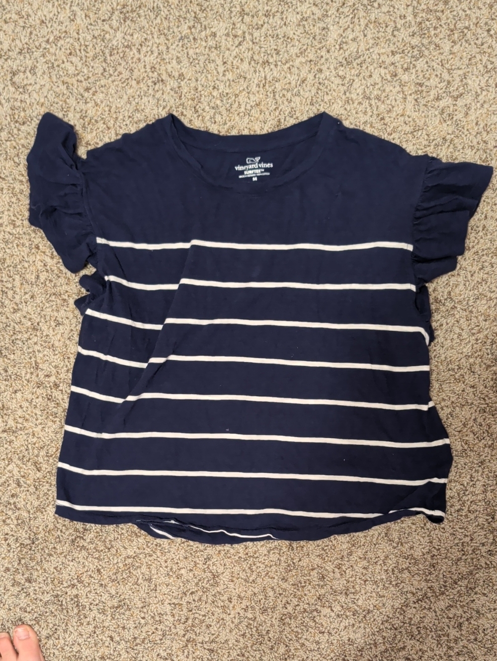 Vineyard Vines Navy & White Striped Ruffle Sleeve Top